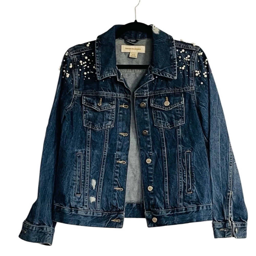 Pilcro & The Letterpress Anthropologie Pearl Denim Embellished Jean Jacket XS - Picture 7 of 9